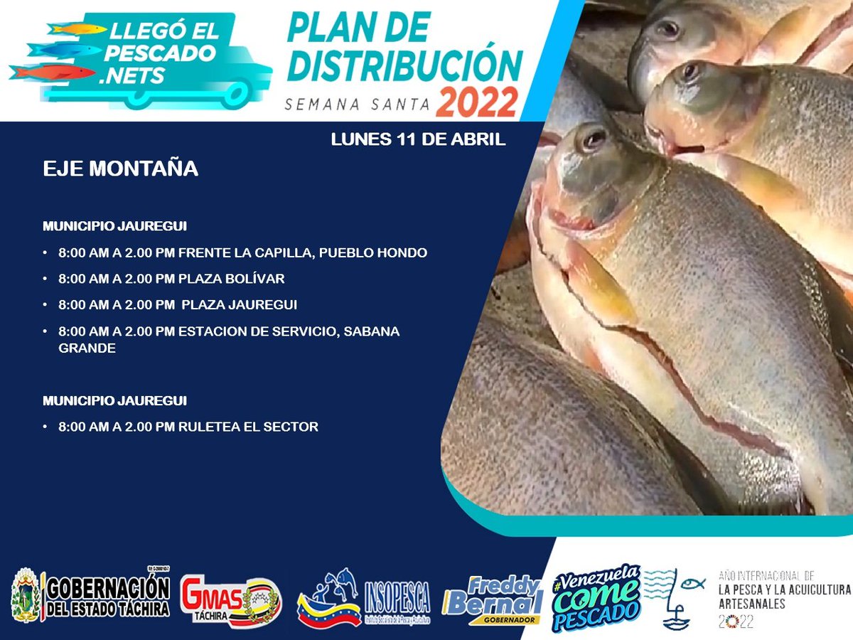 #ATENCIÓN || Estos serán los puntos de distribución de producto hidrobiológico que estarán disponible este lunes 11 de Abril en el marco Llegó El Pescado.Nets en todo el territorio del Táchira.
.
#LlegoElPescado.Nets
#DistrubucionHastaElUltimoRincon
.
<a href="/OlgaLuisaF/">Olga Luisa Figueroa</a> <a href="/FreddyBernal/">Freddy Bernal</a>