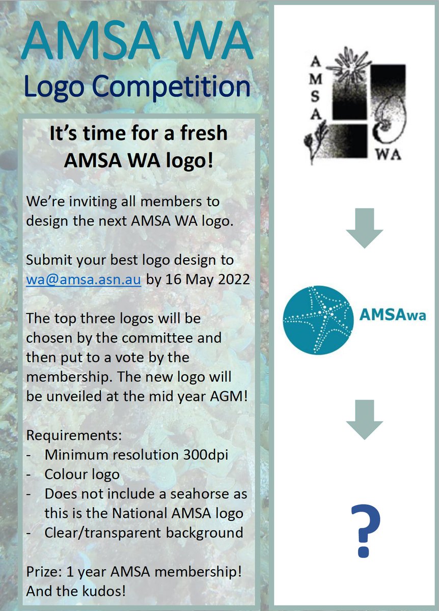 AMSA_wa's tweet photo. Feeling creative? Why not design the next @AMSA_wa logo? Submit your design to wa@amsa.asn.au by 16 May 2022 and perhaps see YOUR design unveiled at the mid-year AGM! #marinescienceWA #logodesign https://t.co/NJaSaRBCdU