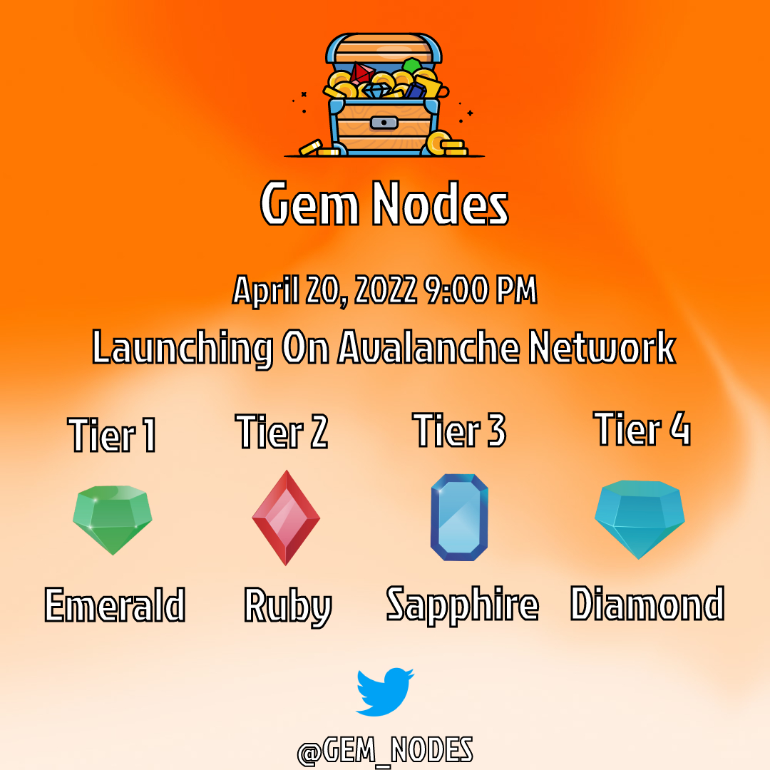 Gem_Nodes's tweet photo. Node Launch April 20, 2022 1:00 AM UTC! #NaaS #GemNodes #AVAX #DeFi https://t.co/n5AZjvFhHV