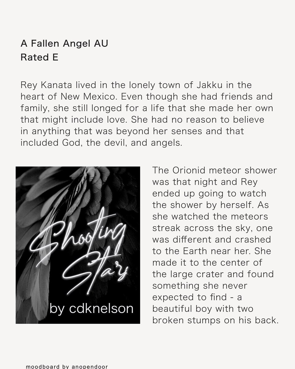 cdknelson's tweet photo. Shooting Stars
Chapter 19
Fallen Angel AU
Part of the Galactic Idiots Collection
Rated E

https://t.co/CFSOs0gS3k

read from the beginning: https://t.co/EhqoThskrt

Collage cover and summery by @anopendoor3

#reylo #reylofic #starwars https://t.co/O1GOOJib6H