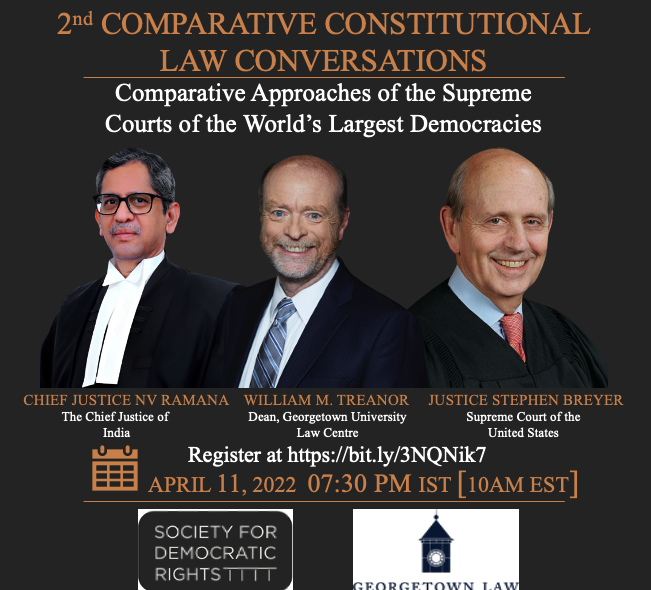 SocietySdr's tweet photo. We are going live today (April 11) at 7:30 p.m. IST [10a.m. EST]. Join the live conversation between The Chief Justice of India and Justice Stephen Breyer of the United States Supreme Court! https://t.co/zpyBtjN2Nh