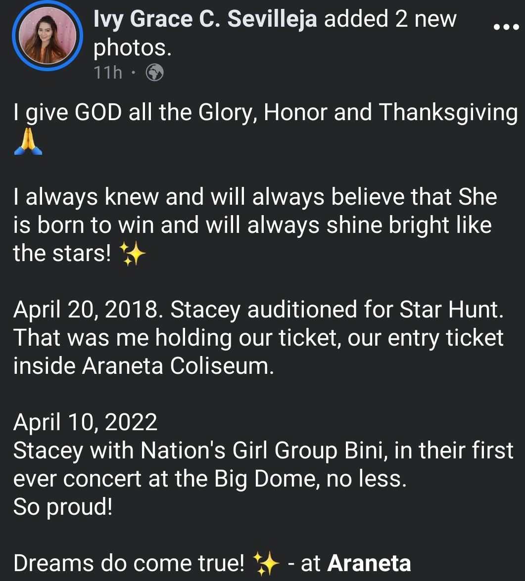 Mica_BINI's tweet photo. BINI Stacey mom fb. Post 

April 20, 2018 Stacey auditioned for star Hunt n Araneta Coliseum.

April 10, 2022 Stacey with Nation's Girl group BINI at the Big Dome Araneta Coliseum.

#BINI @BINI_ph https://t.co/6RXuEPuO9J