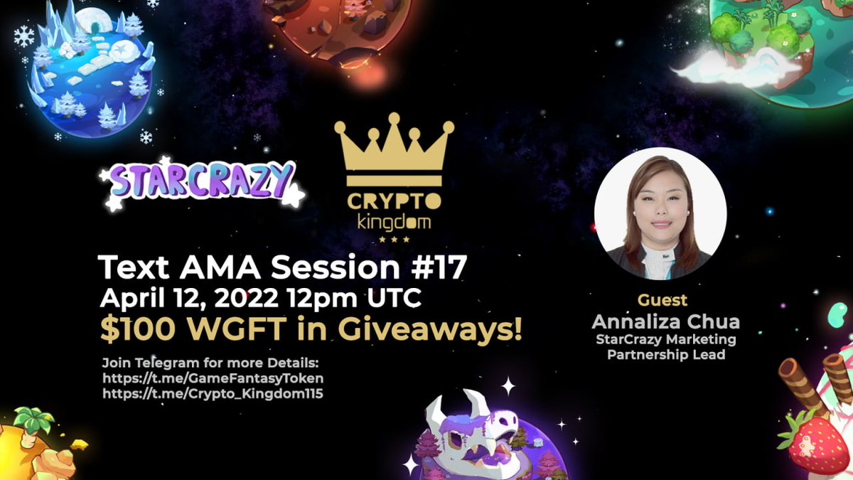 Cryptokingdoms5's tweet photo. AMA with #starcrazyGame
 
Prize: 100$  WGFT
Date: April  12th, 2022
Time: 12:00 pm UTC
Venue:https://t.co/EqSu2mFnrA

Rules:
1. Follow 
@Cryptokingdoms5 &amp; @StarCrazyGame

2. Like Retweet &amp; Comment Your Questions - Tag 3 friends. https://t.co/fKs4Uyhble