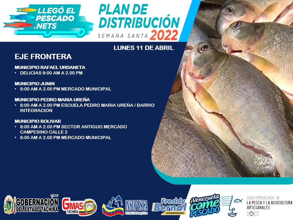 Sedebat_'s tweet photo. #ATENCIÓN | Estos serán los puntos de distribución de producto hidrobiológico que estarán disponible este #11Abril en el marco Llegó El Pescado.Nets en todo el territorio del Táchira.
#LlegoElPescado.Nets
#DistrubucionHastaElUltimoRincon
@OlgaLuisaF @FreddyBernal 
@BermudezJoseA https://t.co/zJNsZ71Ksg