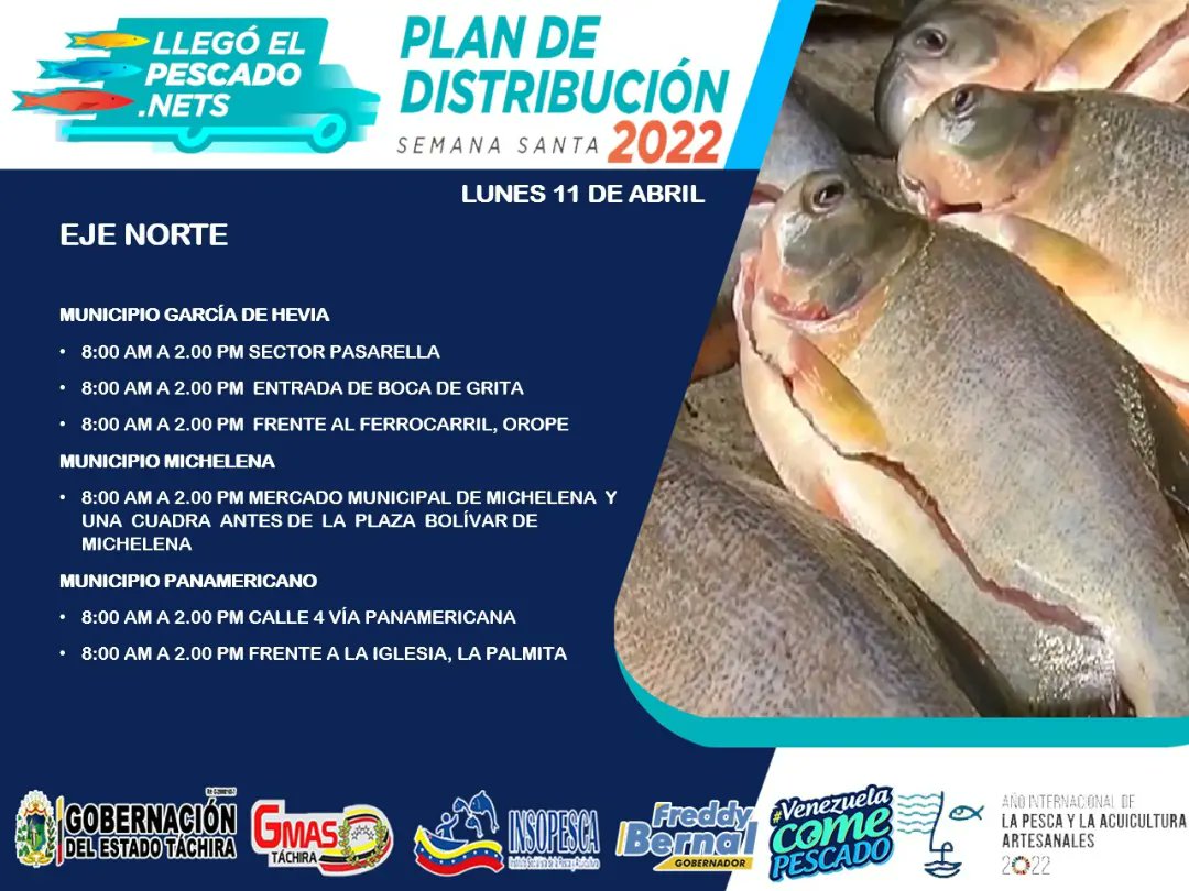 #ATENCIÓN | Estos serán los puntos de distribución de producto hidrobiológico que estarán disponible este #11Abril en el marco Llegó El Pescado.Nets en todo el territorio del Táchira.
#LlegoElPescado.Nets
#DistrubucionHastaElUltimoRincon
<a href="/OlgaLuisaF/">Olga Luisa Figueroa</a> <a href="/FreddyBernal/">Freddy Bernal</a> 
<a href="/BermudezJoseA/">Bermúdez José</a>