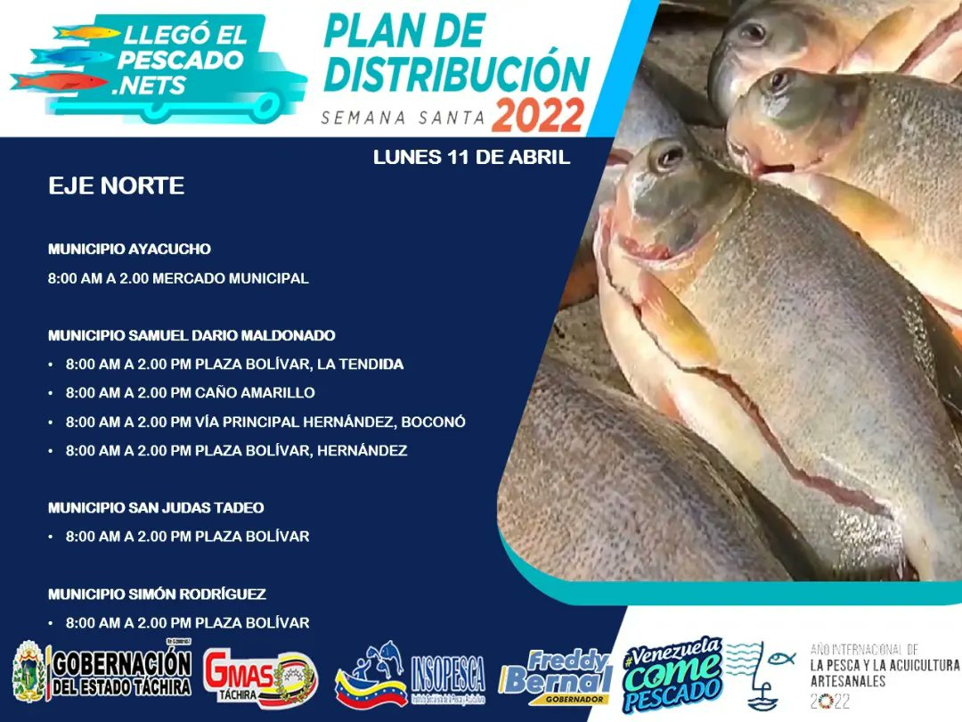 Sedebat_'s tweet photo. #ATENCIÓN | Estos serán los puntos de distribución de producto hidrobiológico que estarán disponible este #11Abril en el marco Llegó El Pescado.Nets en todo el territorio del Táchira.
#LlegoElPescado.Nets
#DistrubucionHastaElUltimoRincon
@OlgaLuisaF @FreddyBernal 
@BermudezJoseA https://t.co/zJNsZ71Ksg