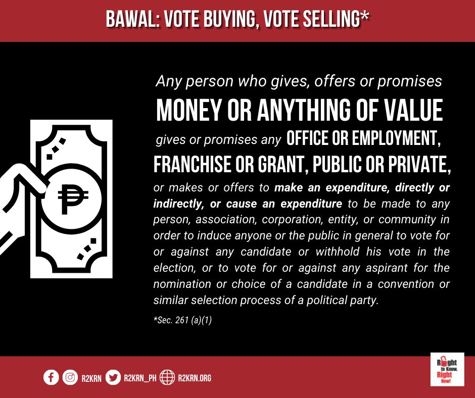 R2KRN_PH's tweet photo. BAWAL ‘YAN! 

The Omnibus Election Code spells out a long list of prohibited acts during the campaign period. 

Do you know any candidates who are crossing the line?

Let's stay vigilant! Inform our vote this coming May 2022 and join our #TransparencyNow movement. https://t.co/H6FR5DI9el