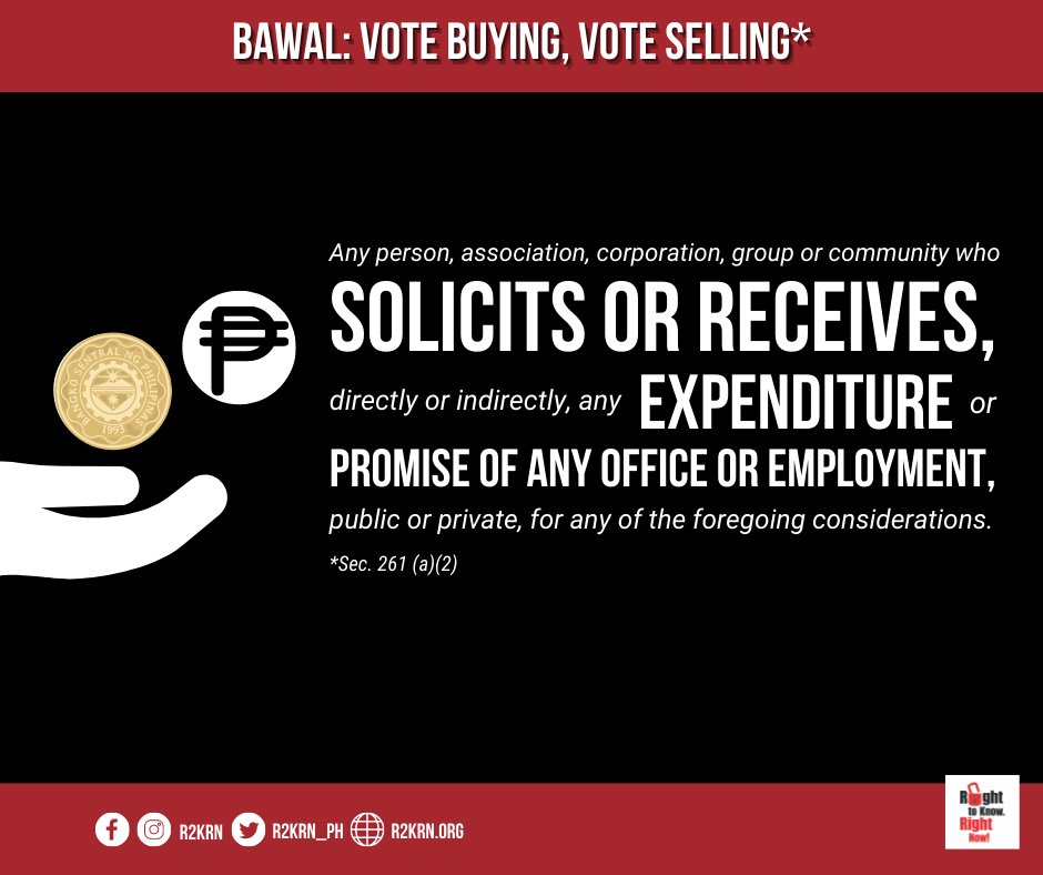 R2KRN_PH's tweet photo. BAWAL ‘YAN! 

The Omnibus Election Code spells out a long list of prohibited acts during the campaign period. 

Do you know any candidates who are crossing the line?

Let's stay vigilant! Inform our vote this coming May 2022 and join our #TransparencyNow movement. https://t.co/H6FR5DI9el