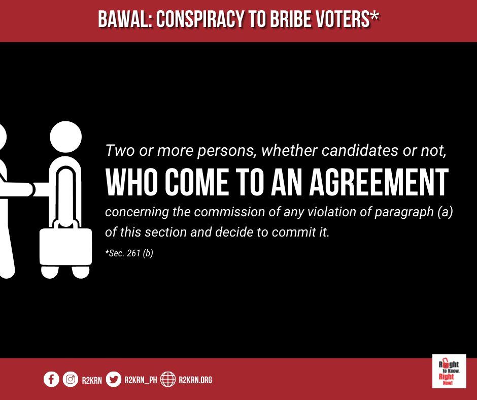 R2KRN_PH's tweet photo. BAWAL ‘YAN! 

The Omnibus Election Code spells out a long list of prohibited acts during the campaign period. 

Do you know any candidates who are crossing the line?

Let's stay vigilant! Inform our vote this coming May 2022 and join our #TransparencyNow movement. https://t.co/H6FR5DI9el