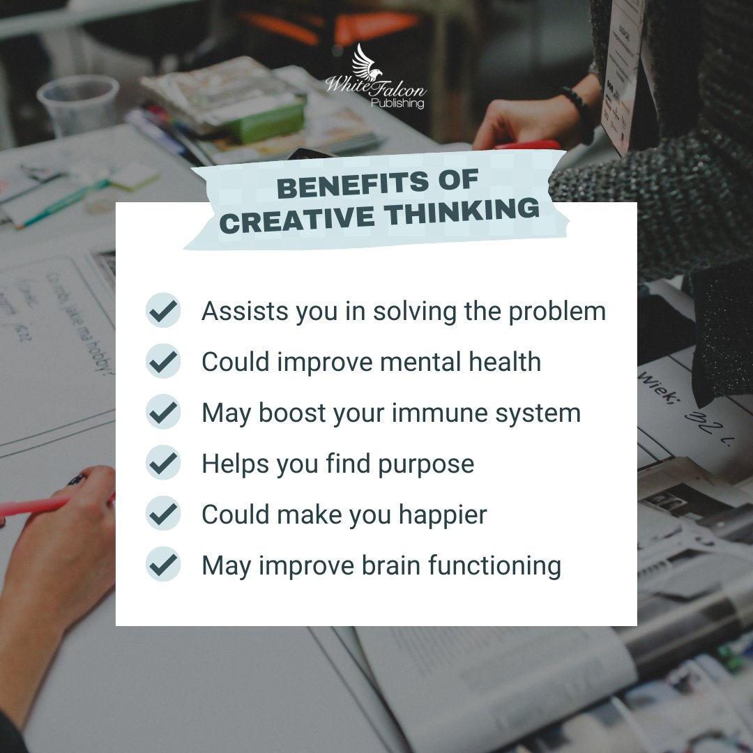 WhiteFalconpub's tweet image. Creativity is about using your imagination to express yourself and explore new ideas.

However, it has advantages in terms of keeping your mind sharp and your body healthy.

#whitefalconpublishing #creativethinking #creativethinker #creativethinkers #creativecontent #creative