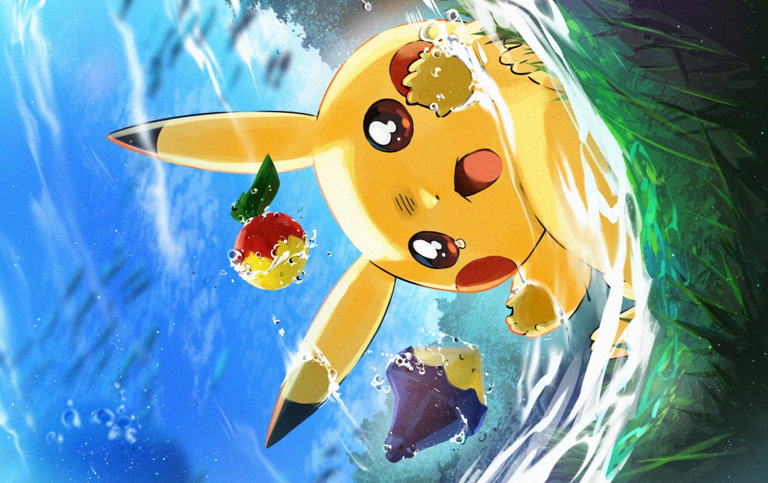 pikachu pokemon (creature) no humans open mouth water outdoors berry (pokemon) day  illustration images