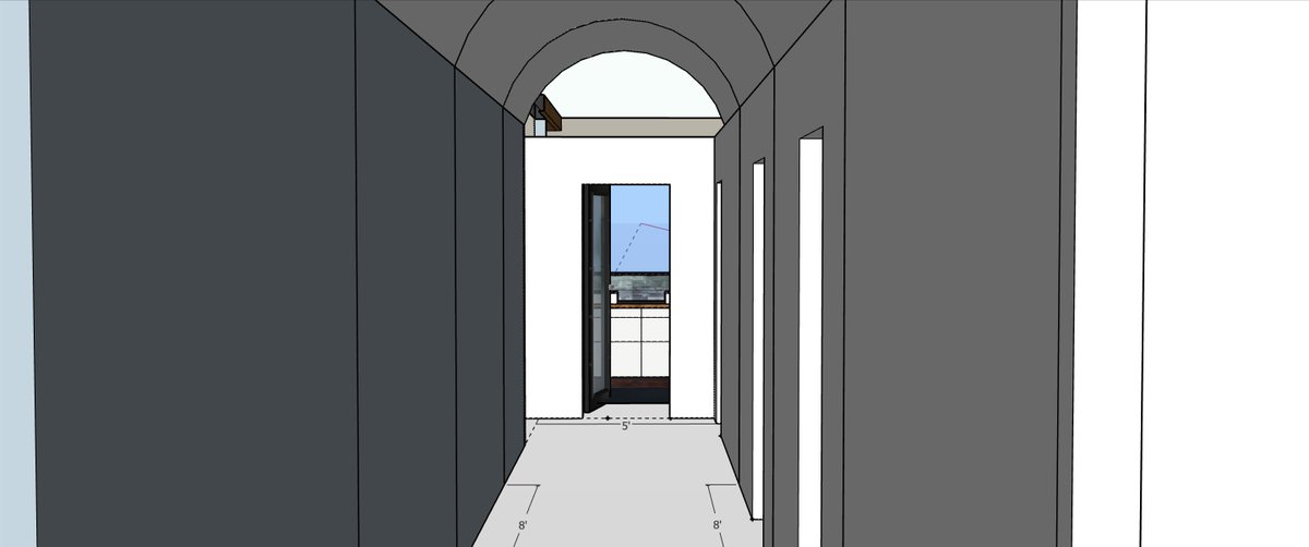 Here’s a view of the set design in Sketch-Up. We wanted to have Beth’s P.O.V shot pan over to this hallway and then realize that the entity is standing right in front of her. I threw in the arched ceiling to see if we could maybe create a top of a head.