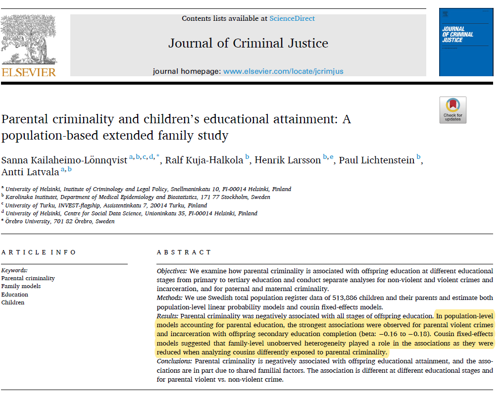 AnttiLatvala's tweet photo. In Sweden, parental criminality and incarceration are negatively associated with all stages of offspring education, and the associations are in part due to unobserved familial factors.

New JCJ paper with @KailaheimoSanna, @RalfKH &amp; @LarssonPsychEpi.

https://t.co/zDQScBMcRw https://t.co/Vzy5OCqL3W