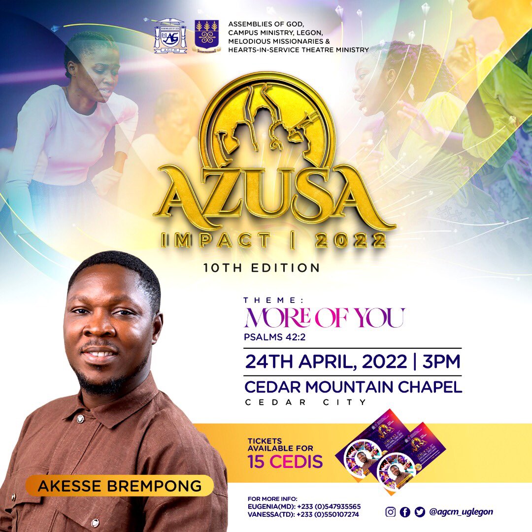 melodious_mm's tweet photo. The date is set! 📅
The Venue is ready! ⛪️
The arms of the mighty Lord is stretched out to release *“MORE OF HIMSELF”* 🙇♂️
And so, the 10TH EDITION of AZUSA IMPACT is glad and honoured to host the anointed Minister of God, *AKESSE BREMPONG.*
Just 1️⃣3️⃣days to go! #AZUSAIMPACT22 https://t.co/8BSXKYLdvh