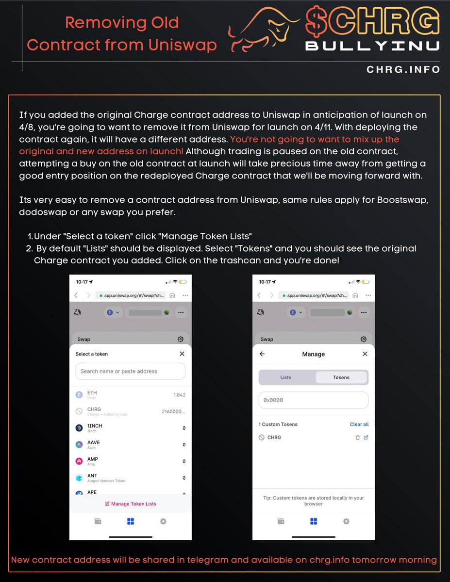 In case you added the original Charge contract to Uniswap for launch on 4/8, we created a guide on how to remove it so you don’t mix that contract up with the redeployed contract we’ll be moving forward with at launch on 4/11. You won’t want to make this mistake at launch ‼️