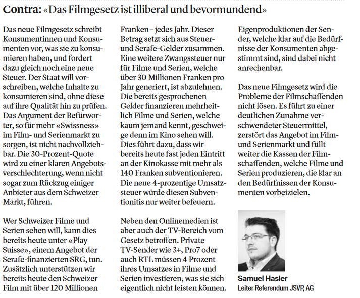 samuhasler's tweet photo. Heute in der Zeitung: Warum das neue #Filmgesetz abgelehnt werden soll! @filmgesetznein @Streaming_stop @jungesvp https://t.co/EX8D2dsnrt