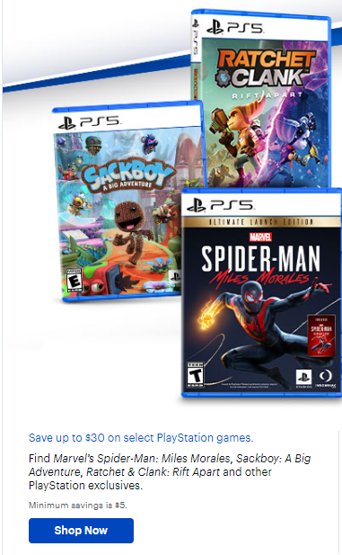 GYXdeals's tweet photo. Select PlayStation games on sale at Best Buy, save up to $30 https://t.co/8ThwmMJ4SF #ad 

Marvel’s Spider-Man: Miles Morales, Sackboy: A Big Adventure, Ratchet &amp; Clank: Rift Apart and other PlayStation exclusives #PS5 #PS4 https://t.co/OSOwzCLXI5