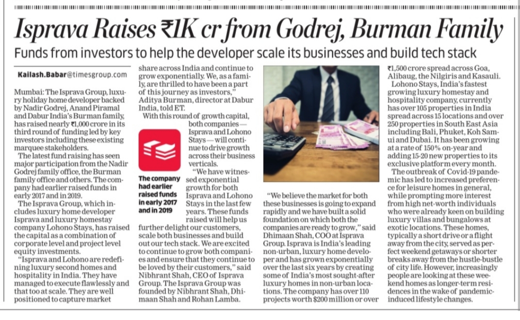 KailashBabar_'s tweet photo. #Luxury #home developer @ispravaluxury raises Rs 1,000 crore from #familyoffices of #NadirGodrej, #AnandBurman. Both Isprava n @LohonoStays to use #funding to drive #growth across business verticals, build #technology stack.
https://t.co/6Wth1JcTAX @EconomicTimes @realestate https://t.co/1MYQGTpORM