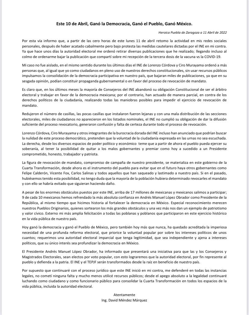 DavidMendezPue's tweet photo. Les informo q a partir de este momento reactivo el uso de mis redes sociales personales.

Les comparto un pronunciamiento sobre el exitoso proceso de revocación de mandato:

ESTE 10 DE ABRIL, GANÓ LA DEMOCRACIA, GANÓ EL PUEBLO, GANÓ MÉXICO 🇲🇽 https://t.co/SlicdTLc7q