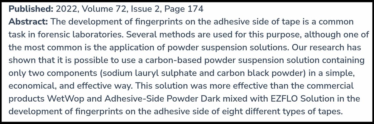 science_ser's tweet photo. Paper published! 

"WET UCIO - New Powder Suspension Formula for Fingerprint Development on the Adhesive Side of Tape" 
(Journal of Forensic Identification)

https://t.co/qy5TtxtDBj

Felicitats, equip. Sou el millor equip del món! 👏👏

#science #forensics https://t.co/f1WzzbVbAF