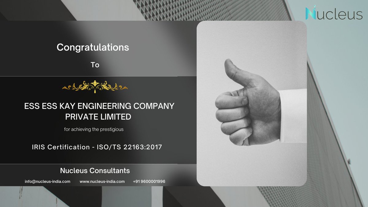 nucleusindia's tweet photo. Congratulations to the entire ESS ESS KAY ENGINEERING COMPANY PRIV LIMITED.
We are glad and amazed to be part of your consulting and training partner.
#consulting #training #iriscertification #rollingstock #RailQMS #railways #railwayqms #signalling #HVAC #SBC #metro #railQMS https://t.co/8l3oBdVCR5