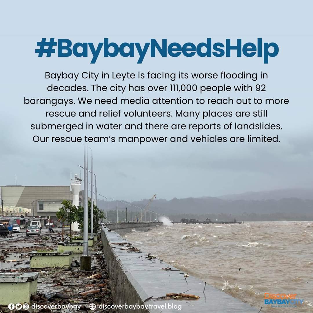 james_rUTL's tweet photo. Baybay City in Leyte is facing its worse flooding in decades. The city has over 111,000 people with 92 barangays. We need media attention to reach out to more rescue and relief volunteers. #LeyteNeedsHelp #AgathonPH #BaybayNeedsHelp

ctto https://t.co/nl7z1C9hps