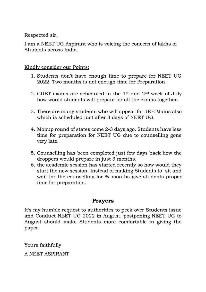 NUSA_NEETUG's tweet photo. NEET aspirants write to the concerned authorities about the problem they are facing and pray for 1 month postponement of NEET UG.

@DG_NTA @EduMinOfIndia kindly consider this prayer. 

@dpradhanbjp @OfficeDp @NMC_IND https://t.co/W3Ir27Cpxv