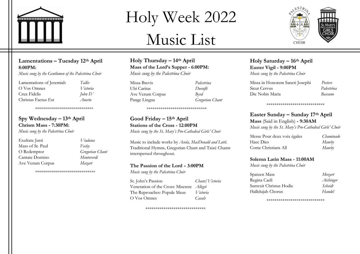 BlanaidMurphy's tweet photo. Holy Week music list #ProCathedral @PalestrinaChoir @ProCathGirls @DublinDiocese #HolyWeek #music https://t.co/MmqM1J59Tp