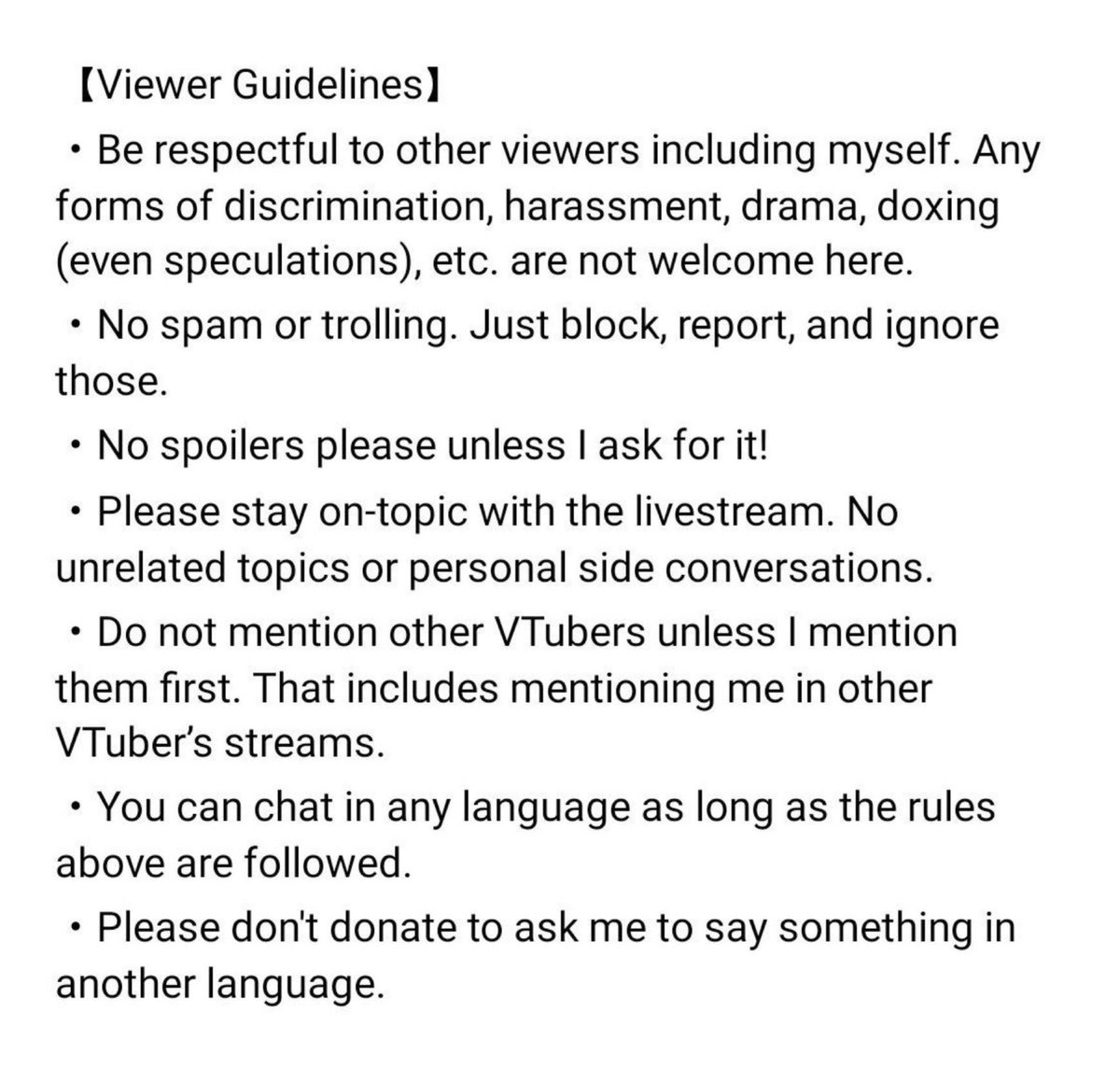 Aria_1292's tweet photo. Since Mysta has recently (finally) added the new rule, I will also post here so others and new comers can be informed. These are Mysta's chat rules below which can also be seen in the stream's description. Big thanks to @Dakkaaaaaaaa for the translations 🧡 https://t.co/mKVsTlQwqf