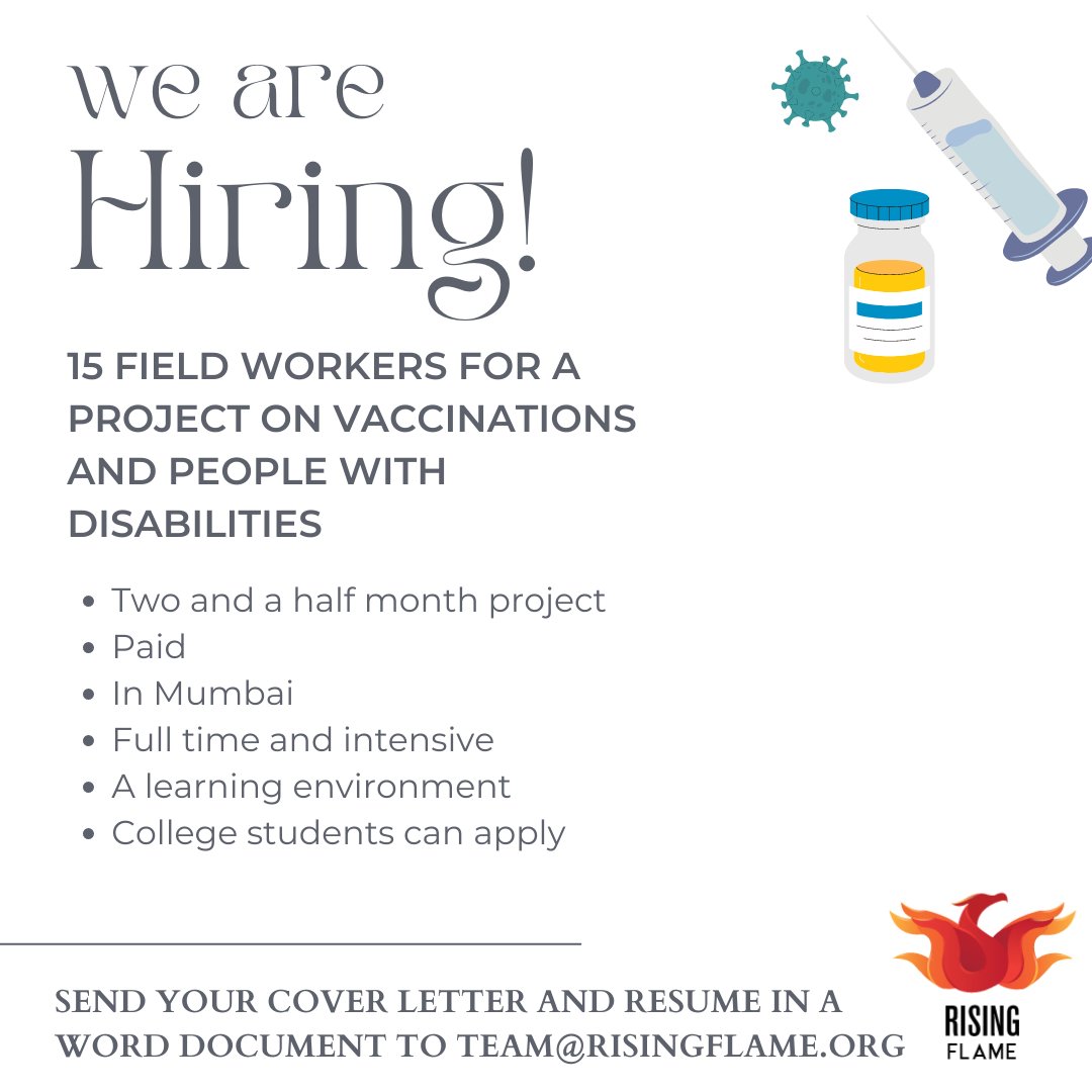 We are hiring for field workers for a project on vaccinations and people with disabilities. In Mumbai, paid and for 2 and a half months! 

Apply to Team@risingflame.org if you would like to join us or for any more information.

#FeministJobs