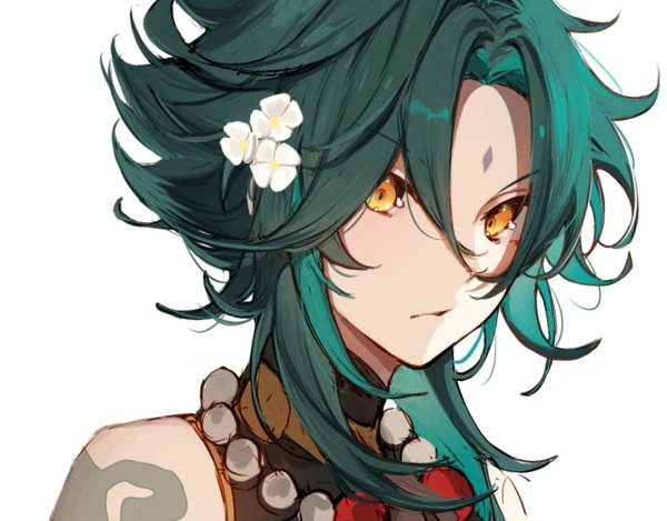 xiao (genshin impact) photo background flower hair flower hair ornament 1boy male focus yellow eyes  illustration images