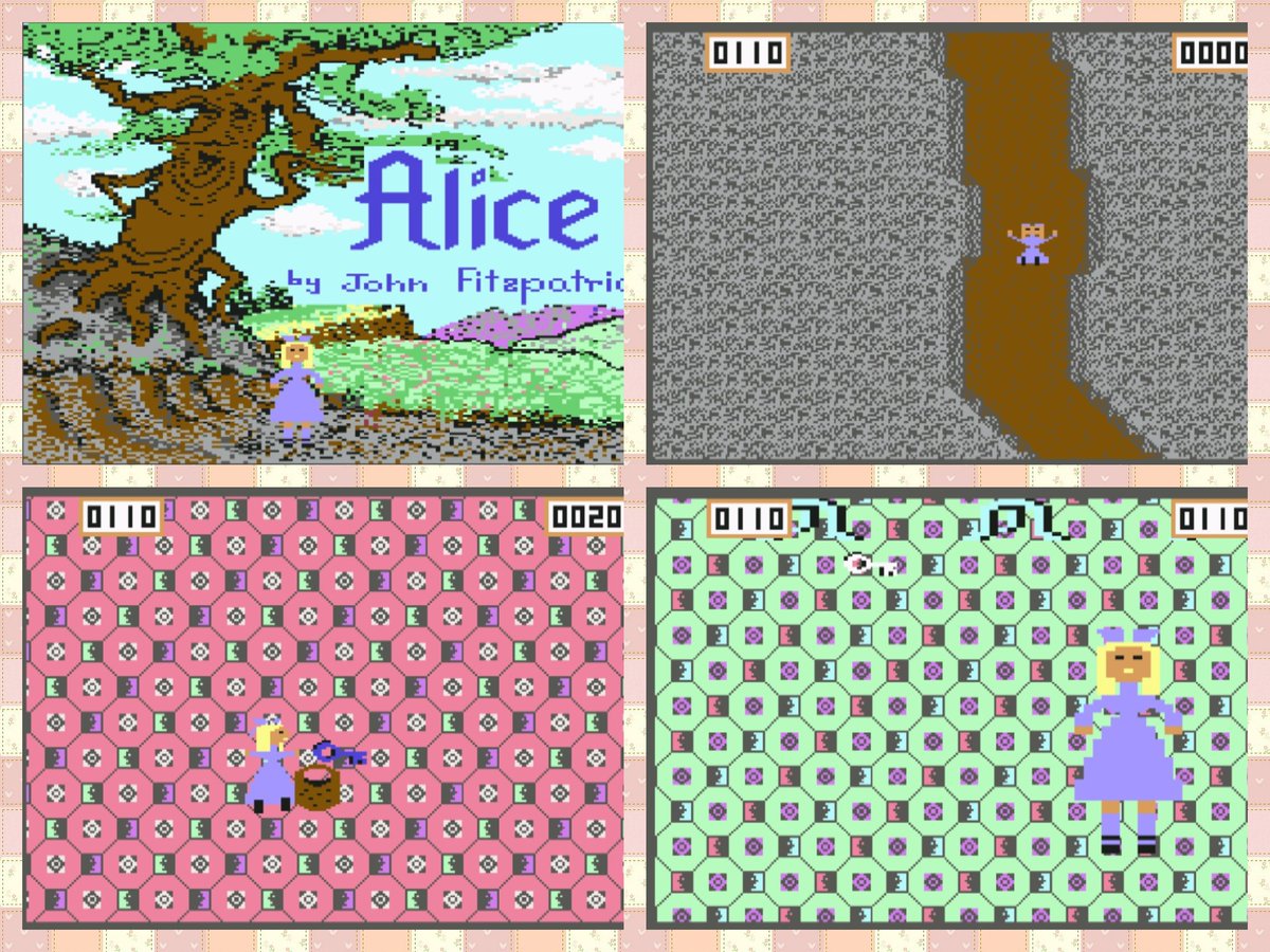 OldSchoolBooks1's tweet photo. Sunday's #retrogaming on the #Commodore64 #C64 #AliceInVideoland , my emulator doesn't like the second part of this game, but the first part is cake eating, potion drinking and key grabbing to get through doors, with some eye testing backgrounds #AliceInWonderland https://t.co/TUsUdH8Mre