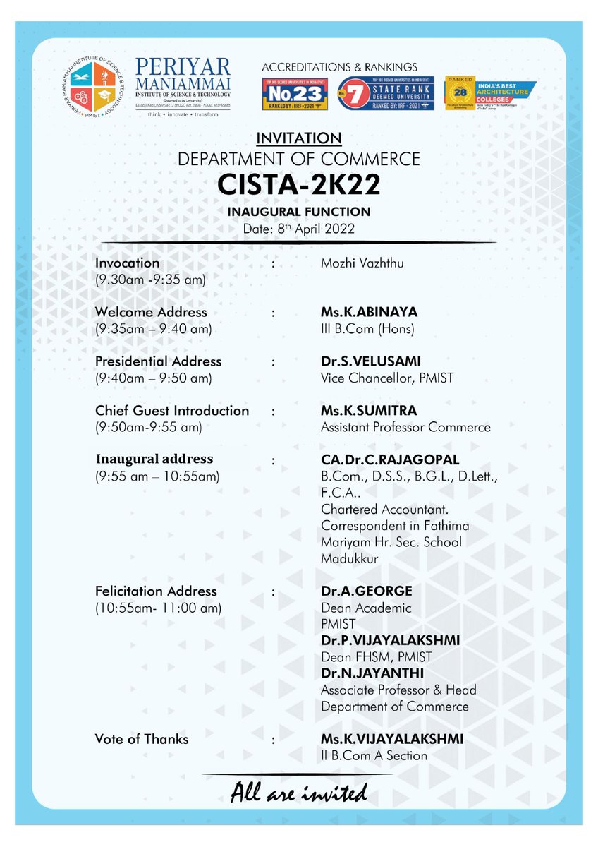 PMIST2's tweet photo. Department of Commerce, Periyar Maniammai Institute of Science &amp;Technology,(Deemed to be University), Thanjavur, organizing a National Level Symposium (CISTA 2K22) on 08.04.2022.
#pmist #commerce #nationallevelsymposium #periyarmaniammai https://t.co/v7nb0wU91B