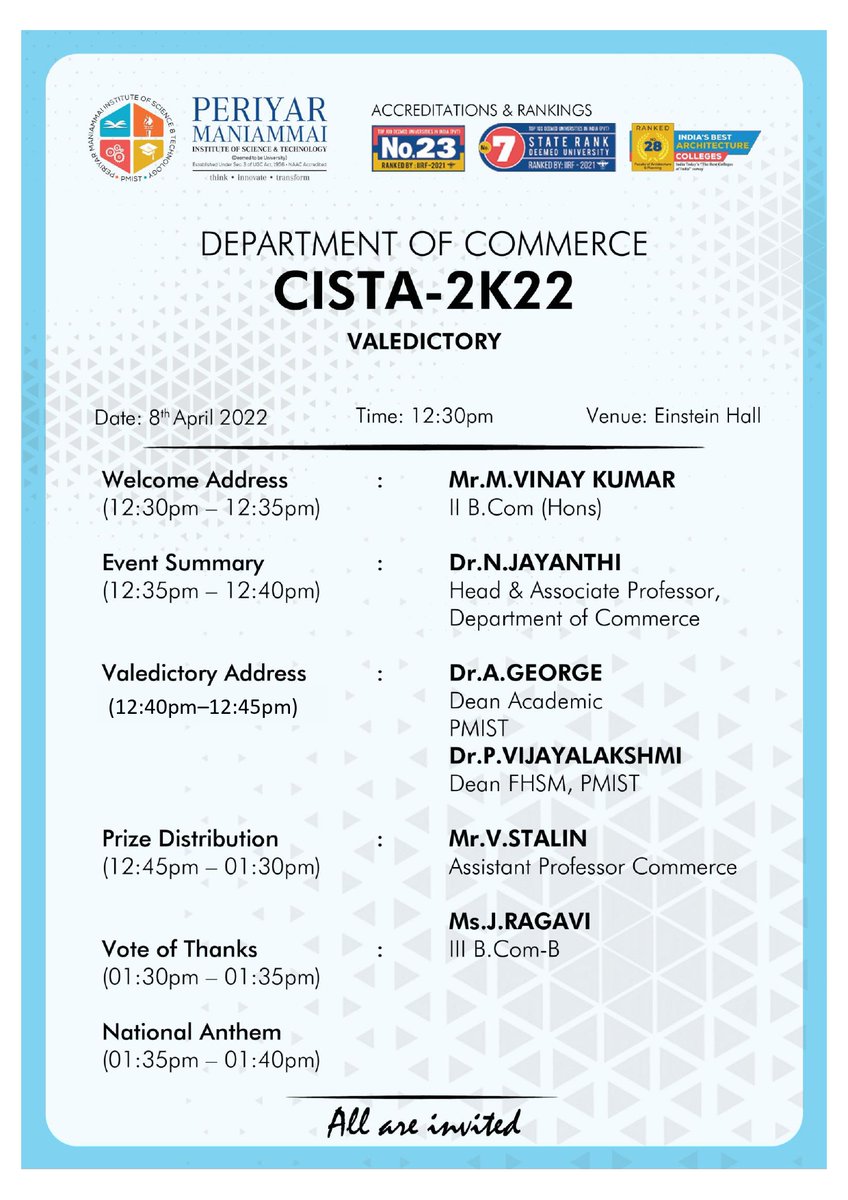 PMIST2's tweet photo. Department of Commerce, Periyar Maniammai Institute of Science &amp;Technology,(Deemed to be University), Thanjavur, organizing a National Level Symposium (CISTA 2K22) on 08.04.2022.
#pmist #commerce #nationallevelsymposium #periyarmaniammai https://t.co/v7nb0wU91B