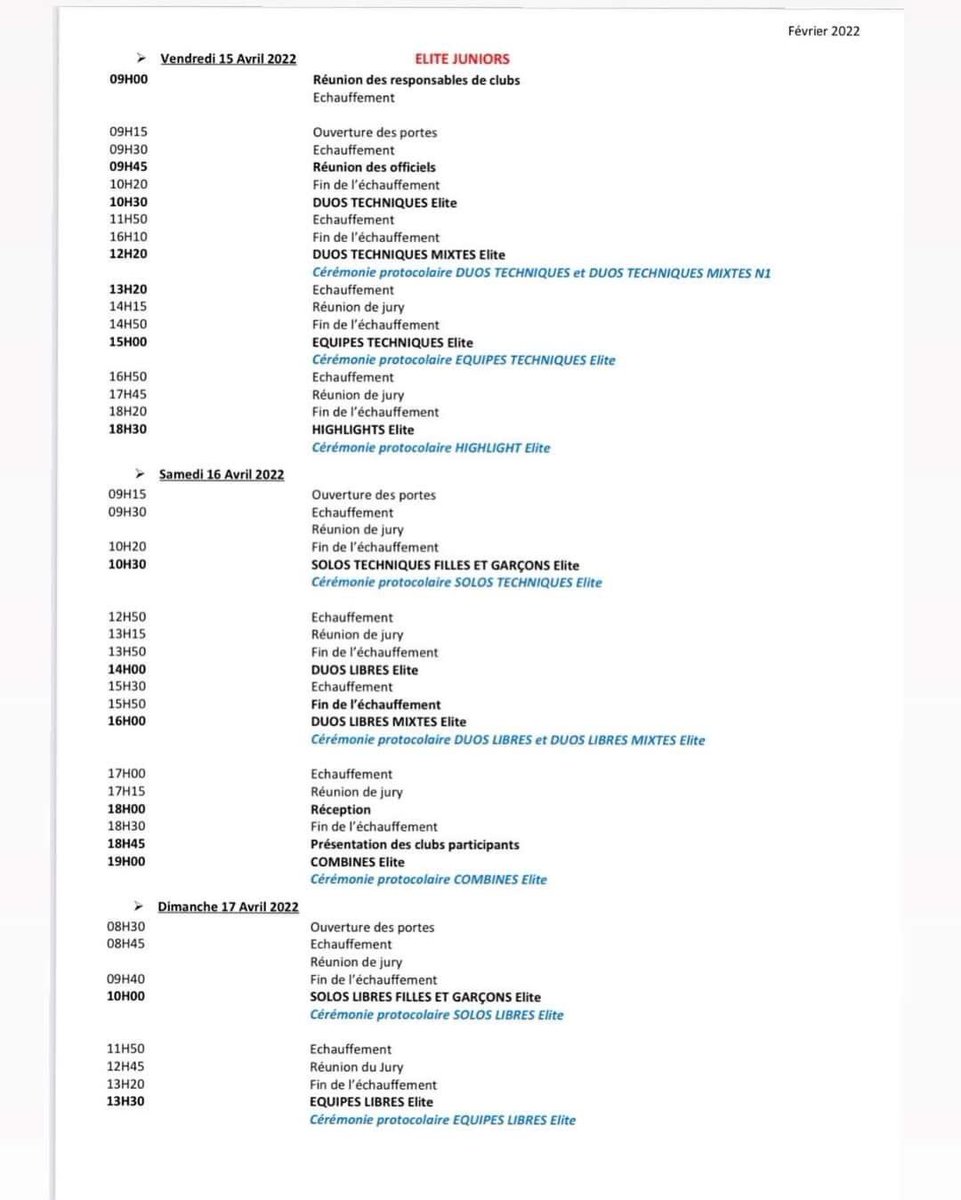Championnats de France N1 à #Tours
Nos Juniors représenteront le 3MNA, avec 1 duo technique, 1 équipe technique et 1 équipe libre.
Le départ est aujourd'hui, en milieu d’après-midi, bonne route les filles et coach Maeva.👌
En attendant, voici le programme…🤞#NatationArtistique