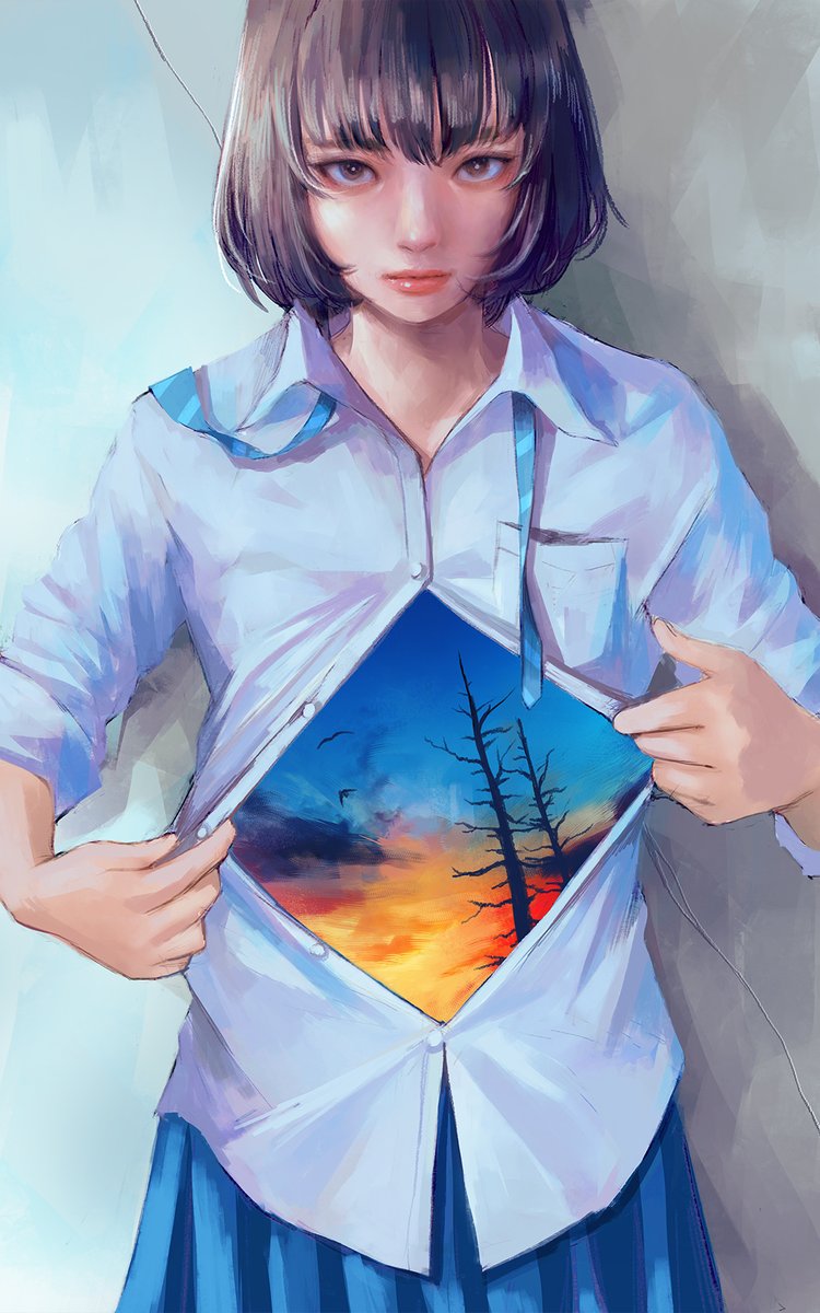 1girl solo shirt looking at viewer necktie collared shirt blue necktie  illustration images