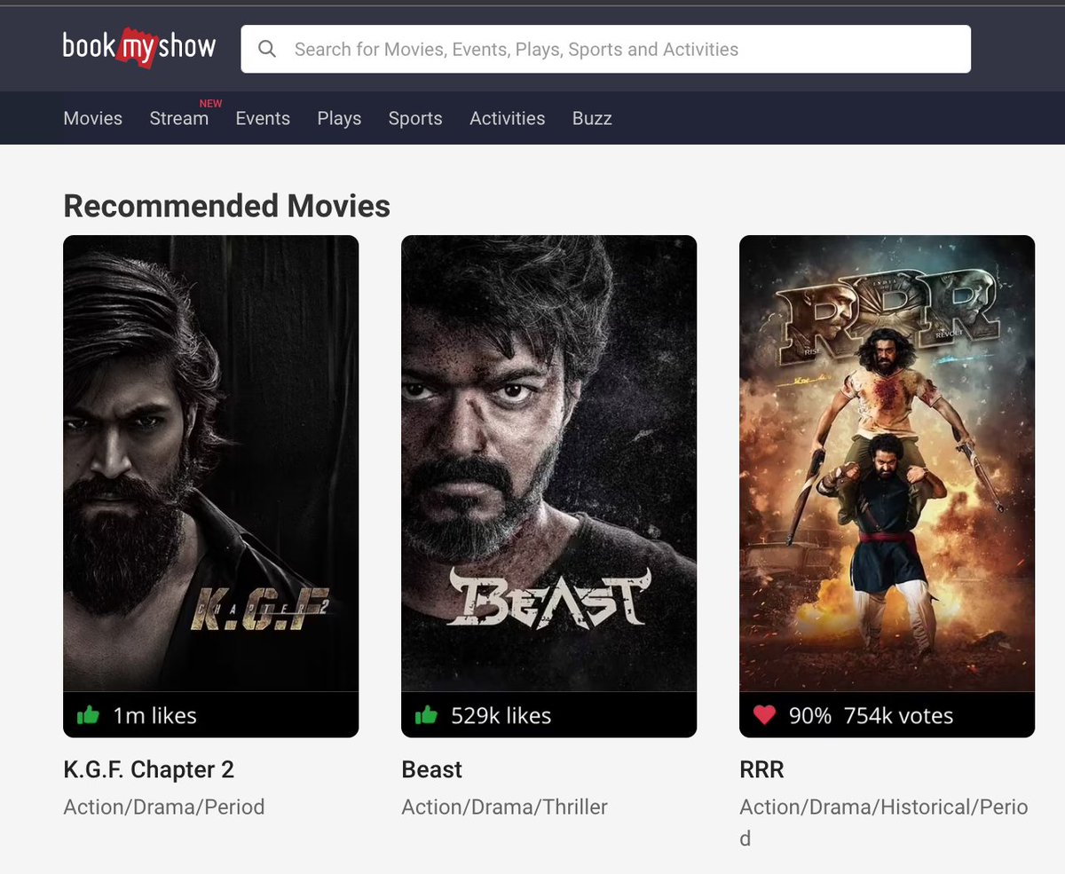 sirishacinema's tweet photo. 👉 "@bookmyshow peaked here" . INDIAN cinema! 🤍💛🤎. Big Ticket FILMS! 🥳
@rrrmovie #BeastMovie #KGF2 #PostPandemic #OTTEra #cinema @sunpictures @hombalefilms #BeastBookings #KGFChapter2 #Yash #NaatuNaatu https://t.co/2EJ473NLOn