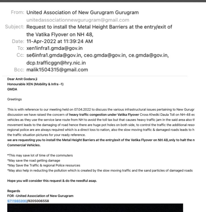 DevelopNewGgn's tweet photo. Refer to our meeting held with @OfficialGMDA we have sent an official request to install the #Metal_Height_Barrier at the entry/Exit of Vatika Fly Over on NH-48 to halt the heavy/ Commercial vehicles considering the heavy traffic jam

@abhishekbehl @DEEPAKKAHUJA @journojoseph https://t.co/DaT8T1BqtK
