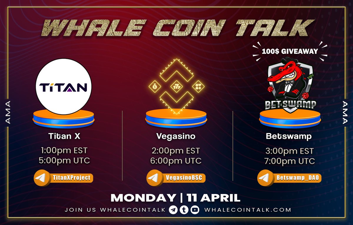 WhaleCoinTalk's tweet photo. AMA ANNOUNCEMENT 📢

➡️ Join: https://t.co/fnXbRkidzZ
➡️ Follow: @whalecointalk
🏦 Join our AMA with @TitanxProject, @Vegasino_BSC &amp; @betswamp.

🎡 You also stand a chance to grab a share of $100 when we SPIN THE WHEEL🤑

Verify team @whalecointalk | 🐋 https://t.co/42QBDKFsSf https://t.co/gteWJpIoUt