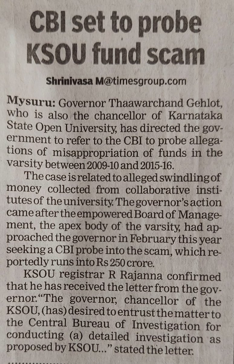 KSOU NEWS (@ksou_news) on Twitter photo KSOU was a big scam... The Governor has recommended a CBI probe into the allegations of swindling of funds collected from collaborative institutes till 2015-16. ~Via <a href="/timesofindia/">The Times Of India</a> <a href="/TOIBengaluru/">TOI Bengaluru</a> #KSOU KSOU was a big scam... The Governor has recommended a CBI probe into the allegations of swindling of funds collected from collaborative institutes till 2015-16. ~Via <a href="/timesofindia/">The Times Of India</a> <a href="/TOIBengaluru/">TOI Bengaluru</a> #KSOU