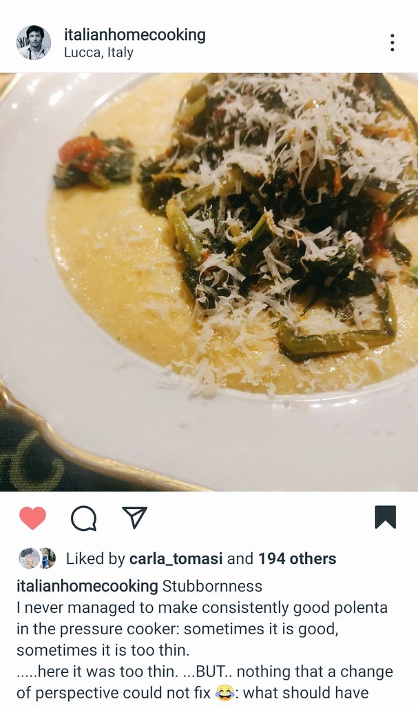 dashofprosecco's tweet photo. Pressure cooker polenta - mind blowing, why it never occurred to me #stefanoarturi #italianhomecooking https://t.co/Lm8HU6p8jG