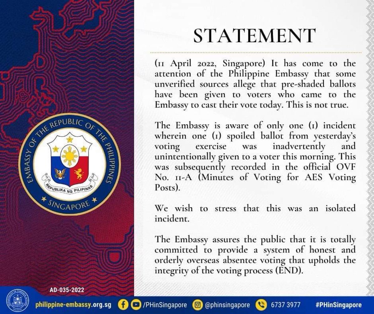 wawam's tweet photo. this post / thread about pre-shaded ballots at the PHL embassy in Singapore has gotten the attention of the embassy. they’re saying it is “isolated”. how can we believe that? maybe it’s “massive”?

the post has gone viral very quickly, thank you for your vigilance. https://t.co/m8iNDQ0mtB