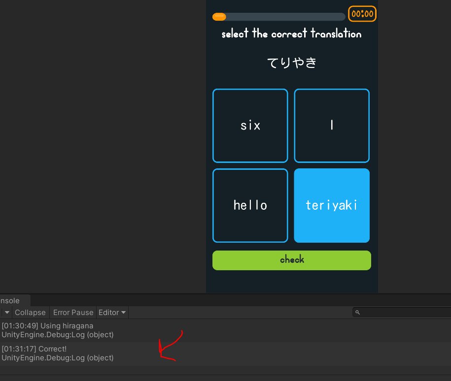 HeatherElroyART's tweet photo. BOOM! We've got a Check! We've got some button selection highlighting problems right now, though. =/
#GameDev #UnityDev #JapaneseLanguageLearning #BabyProgrammer #FlashCardGame #DuoLingo #GameDevelopment #IndieDev #CSharp #programming https://t.co/DIbatAiIn6