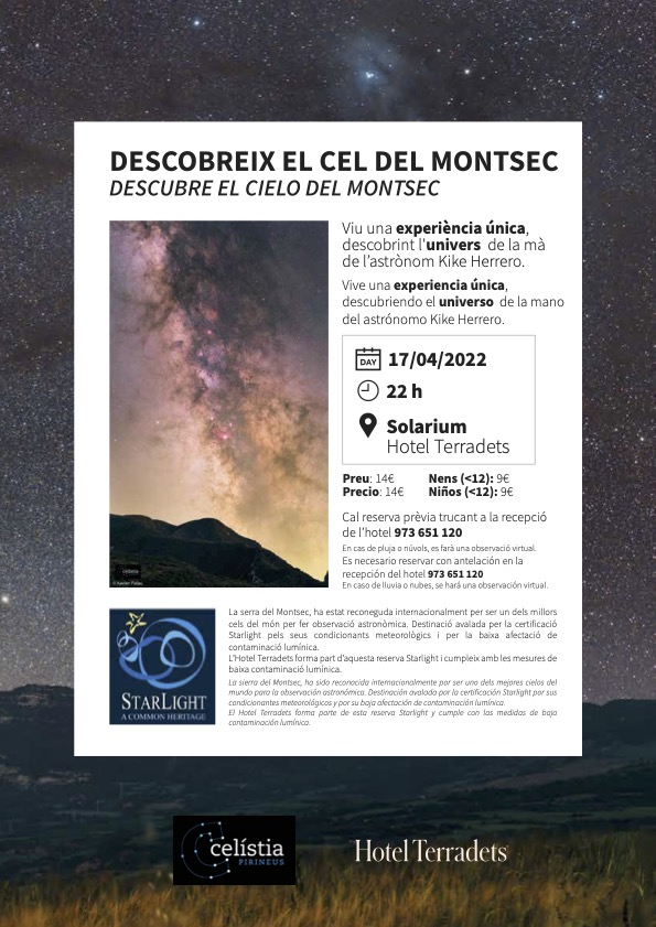 Diumenge 17 serem a l'<a href="/HOTELTERRADETS/">Hotel Terradets</a> per apropar-te l'univers.
Activitat per a tots els públics, vinguis del planeta que vinguis! ⭐️ 🌕 🔭