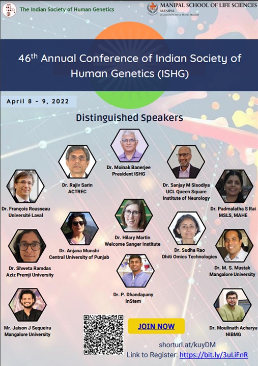 ISHG_INDIA's tweet photo. Kindly join us for the annual meeting of Indian society of Human Genetics. Lined up are our young scientist presentations, LD Sangvi Oration awards and lectures by distinguished speakers. You can join through the link. Registration is free. Kindly find the entire program schedule https://t.co/AfgXlkpejy