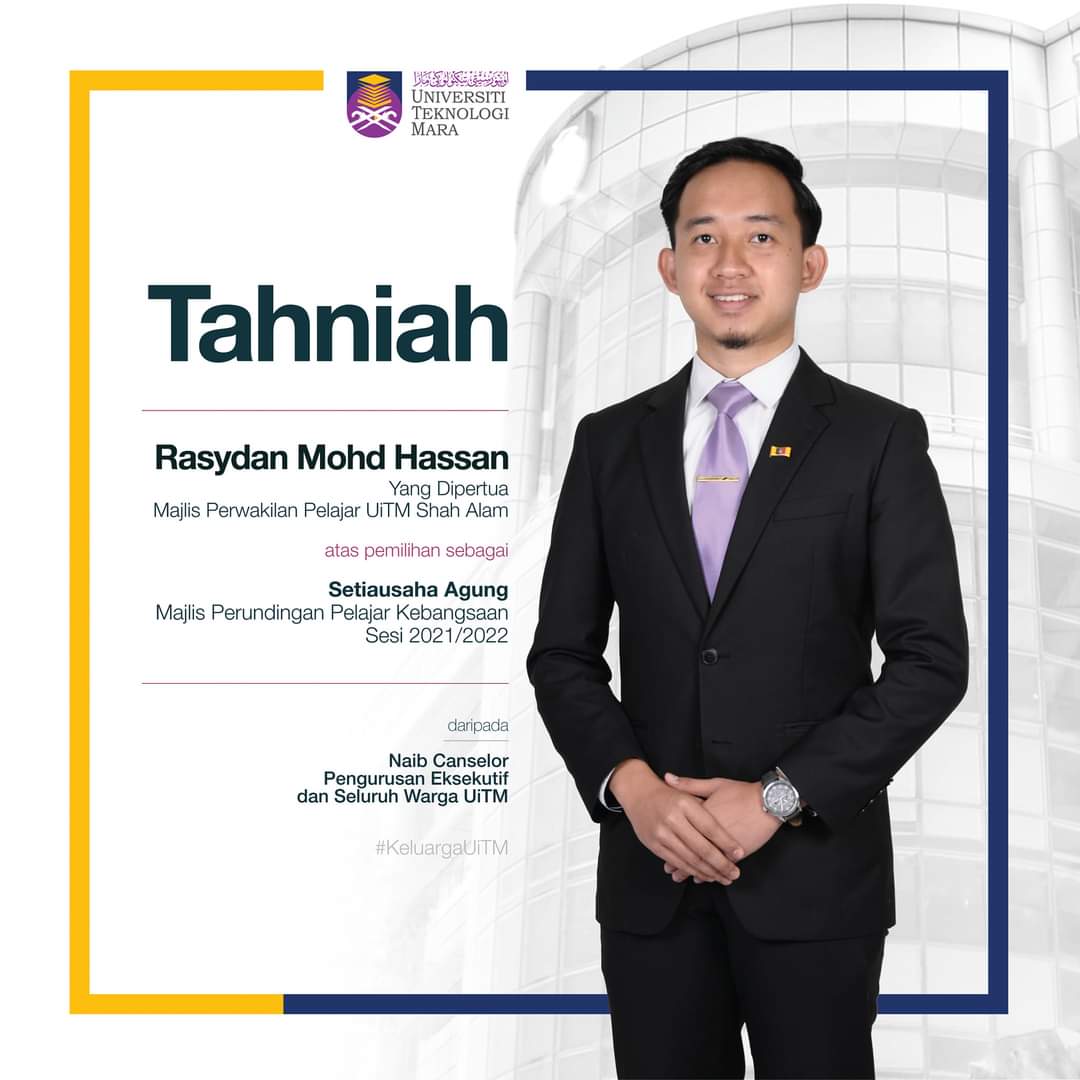 uitmofficial's tweet photo. Tahniah saudara Rasydan Mohd Hassan, Yang Dipertua Majlis Perwakilan Pelajar UiTM Shah Alam kerana terpilih sebagai Setiausaha Agung Majlis Perundingan Pelajar Kebangsaan (MPPK) Sesi 2021/2022.
#MPPUiTM
#keluargaUiTM
#UiTMdihatiku https://t.co/govAebl6Jr