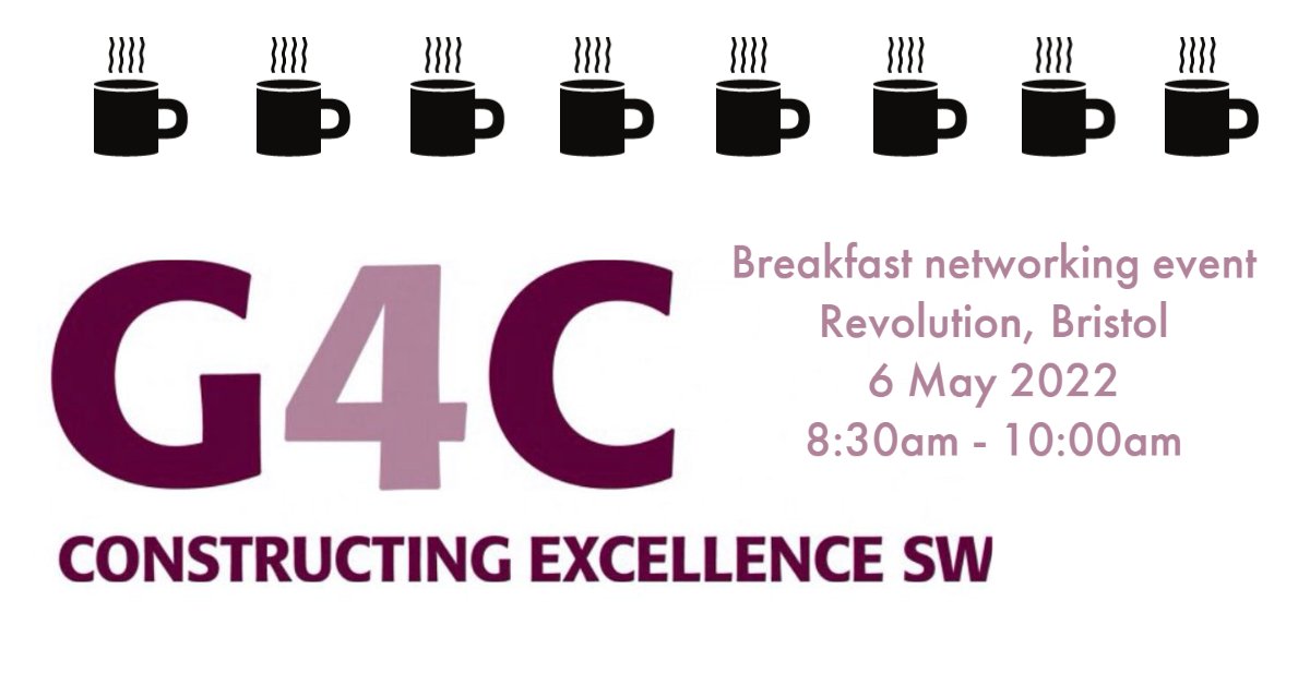 6 May 2022, 8:30 – 10:00am at Revolution, Bristol.

The G4C South West committee invites young and/or junior professionals in the construction &amp; engineering industry to a networking breakfast.

Book your ticket! constructingexcellencesw.org.uk/event/generati…  

<a href="/cesouthwest/">CE South West</a> <a href="/G4Cnet/">G4C</a>