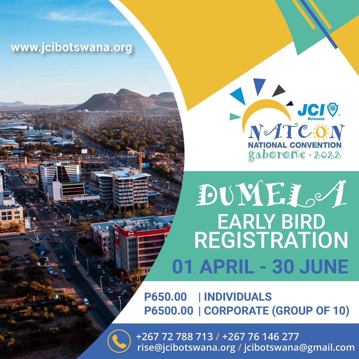 JCIBotswana's tweet photo. STEP 2: Make a payment to the following Banking Details:
JUNIOR CHAMBER INTERNATIONAL
Account No: 62848404026
Lobatse Branch | Branch No:281767
SWIFT CODE: FIRNBWGX
Reference: YOUR FULL NAMES
#Developingleadersforachangingworld #LeadingIsOurDuty #shifting4ward https://t.co/3BQH6XgXrO