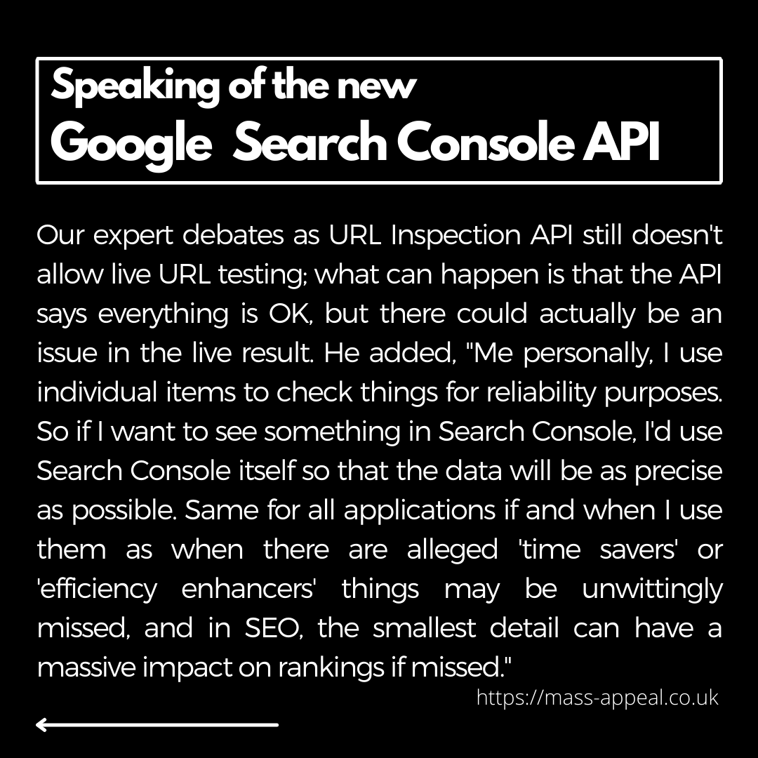 The new Google Search Console APIs make Search Console a more powerful tool. However, our expert debates as this API doesn't yet allow live URL testing, so important data could be unwittingly missed, &amp; in SEO, the smallest detail can have a massive impact on rankings if missed.