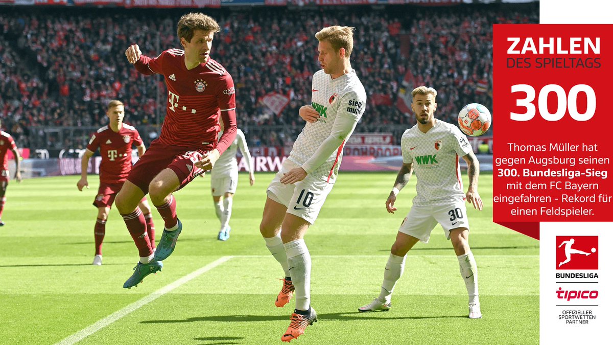 3️⃣0️⃣0️⃣!

@fcbayern-Star Thomas Müller (@esmuellert_) feiert als erster Feldspieler der #Bundesliga-Geschichte seinen 300. Sieg! 🥳

Die @Tipico_de-#ZahlendesSpieltags ➡️ bit.ly/3E2j35n